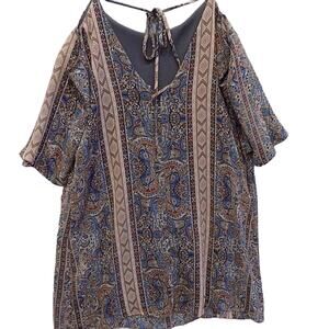 Women’s tan & blue cold shoulder cross back strappy spring mini dress